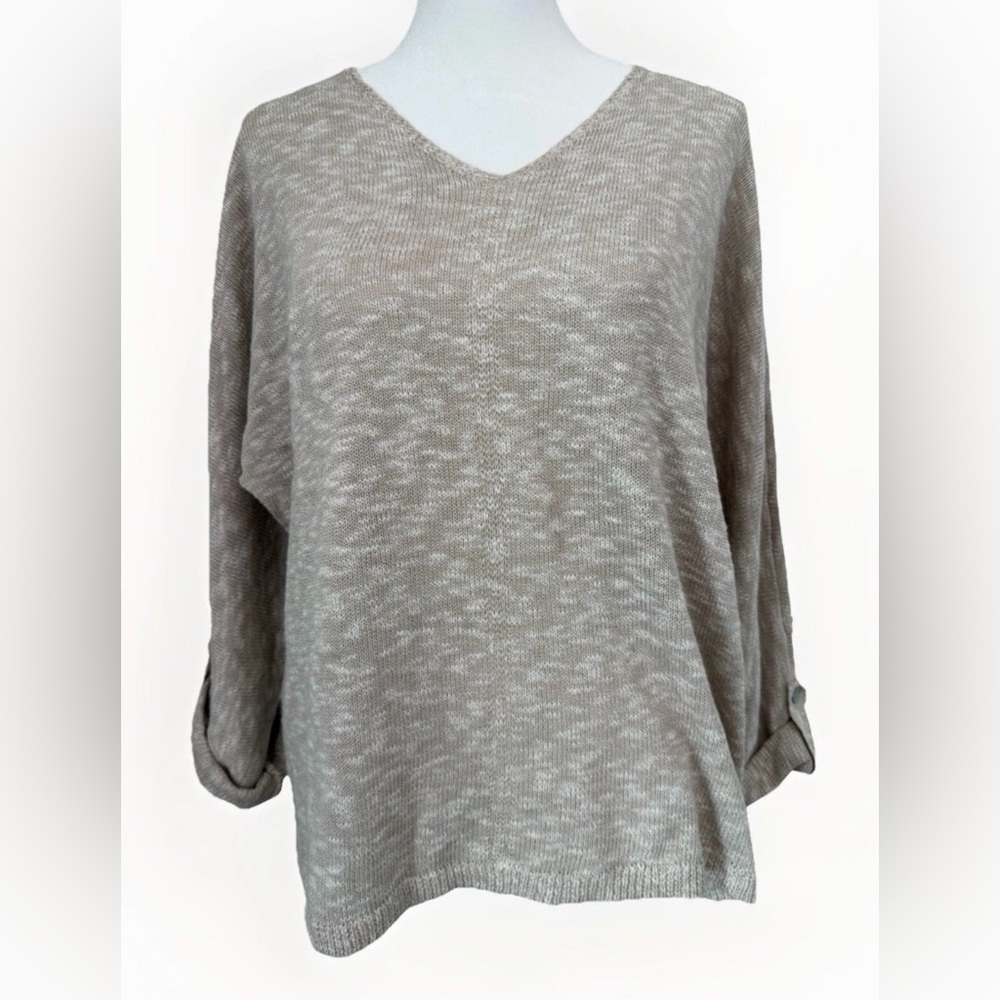 Chico’s Taupe Knit Pullover Roll Tab 3/4 Sleeve V Neck Size 2 (US Large)